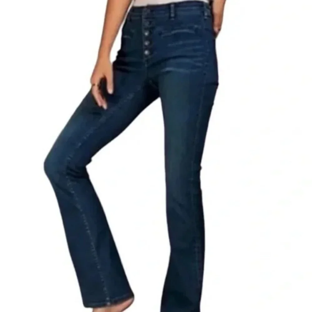 Free People Kaye Mid Rise Flare Jean Dark Wash Exposed Button Fly Size 30